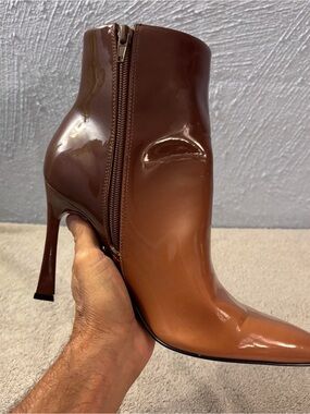 Mix No. 6 Brown Patent Pointed-Toe Stiletto Ankle Bootie SZ 8 M, Melidi Pointed